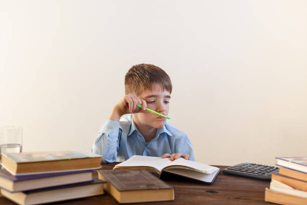 istock Schoolchild sits at a table with books and the calculator. Does homework. On a light background 870919212