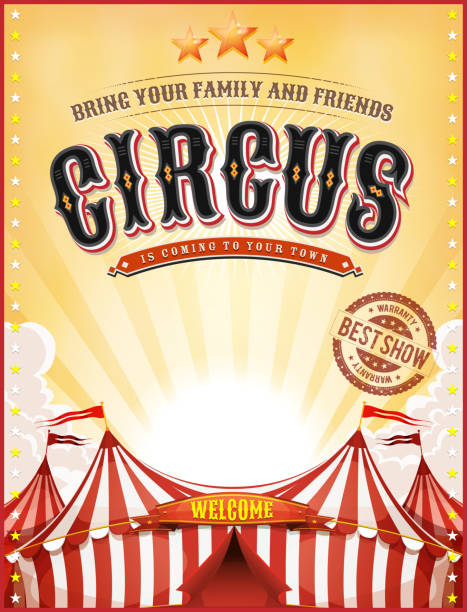 Vintage Summer Circus Poster With Big Top Illustration of a retro vintage circus background, with summer yellow sky, marquee, big top, titles and grunge texture circus stock illustrations