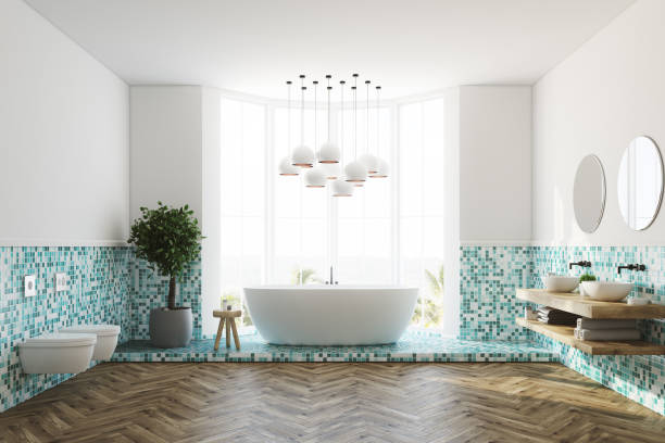 istock Green bathroom interior, tub and toilets 870922448