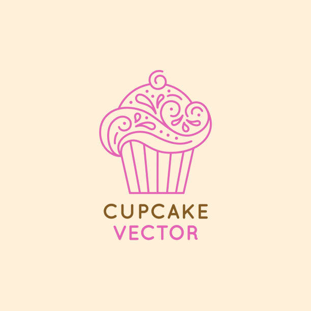 ilustraciones, imágenes clip art, dibujos animados e iconos de stock de plantilla de diseño de logotipo vectorial e insignias en estilo plano lineal - dulce cupcake - baked cake cupcake decoration