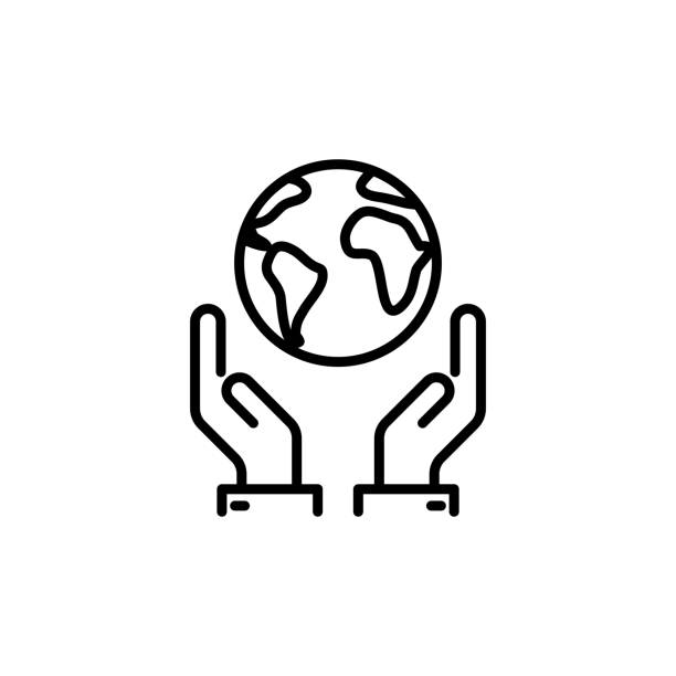 ilustrações de stock, clip art, desenhos animados e ícones de thin line save world, earth in hands icon - globe human hand earth world map
