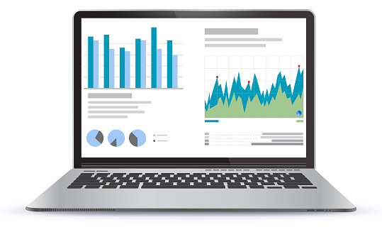 Laptop Illustration With Financial Charts and Graphs Screen. Easy editable EPS file.