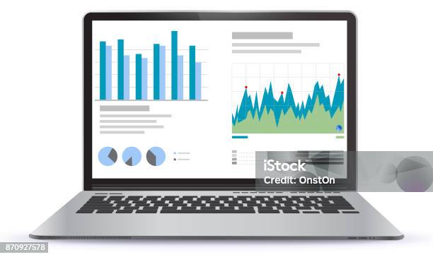 Laptop Illustration With Financial Charts And Graphs Screen Stock Illustration - Download Image Now