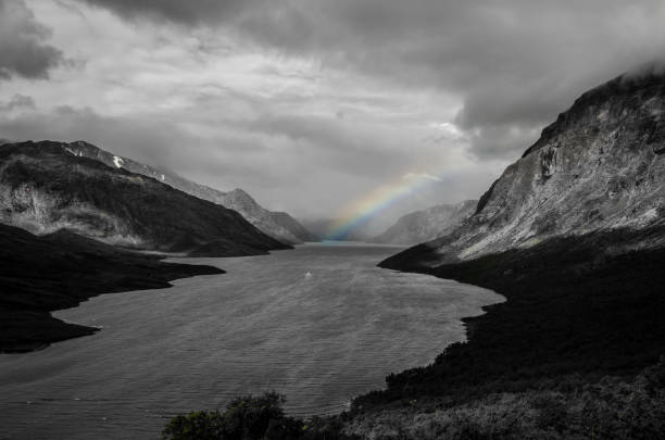 Lake with a small boat and a rainbow