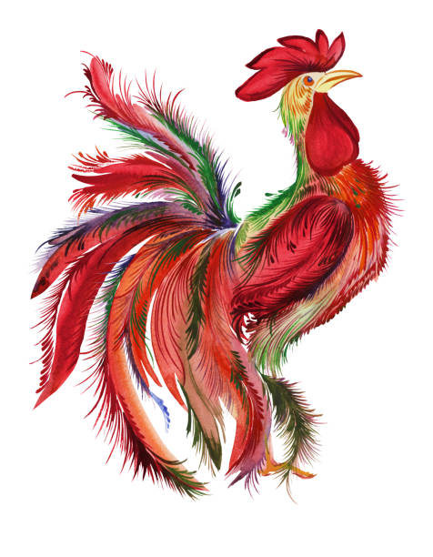 istock Multicolored rooster isolated on white background. Watercolor illustration, hand painted. Petrikovka - Ukrainian traditional painting . 870931242