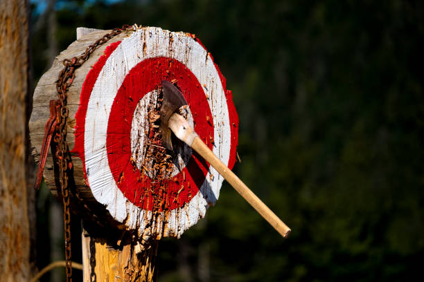 Thrown Axe in Bullseye Double-bladed axe that hit the bullseye. axe stock pictures, royalty-free photos & images