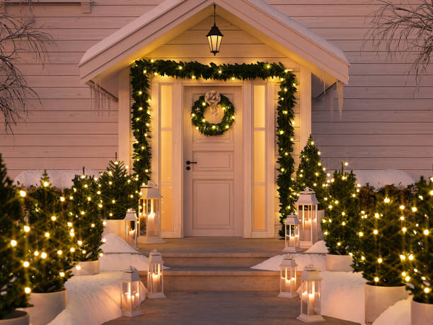 istock christmas decorated porch with little trees and lanterns. 3d rendering 870948386