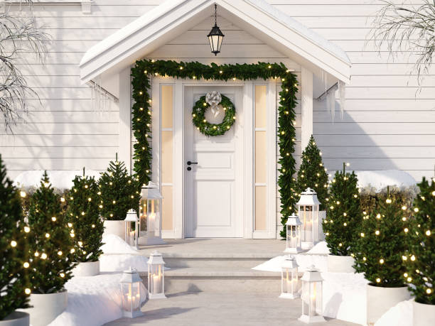 istock christmas decorated porch with little trees and lanterns. 3d rendering 870948410