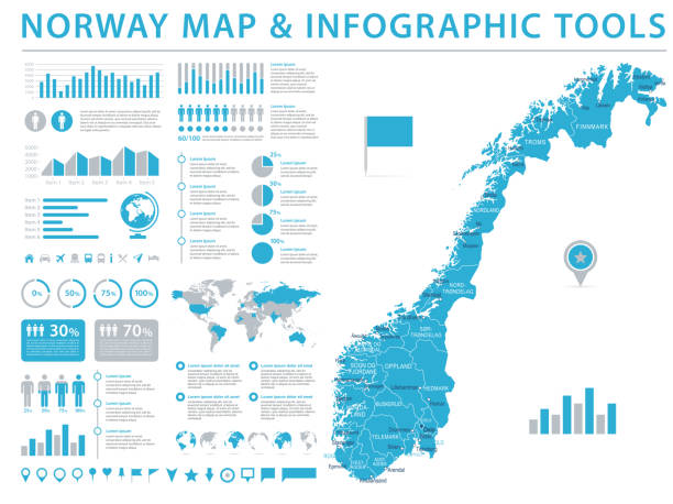 illustrazioni stock, clip art, cartoni animati e icone di tendenza di mappa norvegese - info graphic vector illustration - map of norway