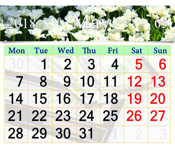 istock calendar for May 2018 with white tulips 870955682