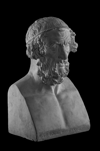 White plaster statue of the bust of the philosopher Homer