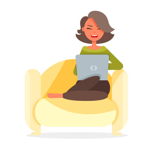 die freie frau mit laptop auf dem sofa sitzen und studieren neuen technologie - women young women white background eastern europe stock-grafiken, -clipart, -cartoons und -symbole