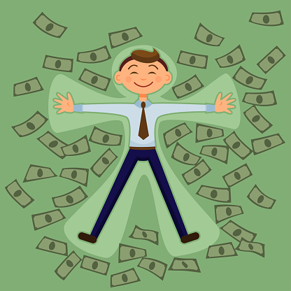 Financier banker rolls in money laying on the heap of paper money cash greenbacks. Vector illustration colorful on green bucks background