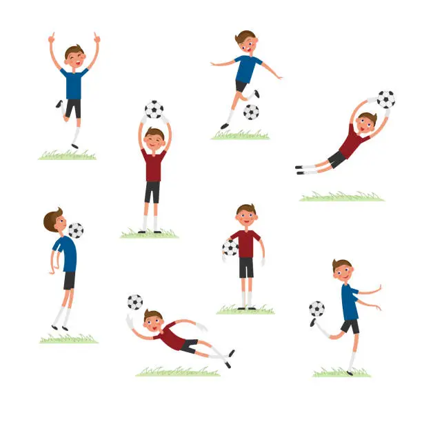 Vector illustration of Set of young soccer football players with ball on the grass in different poses