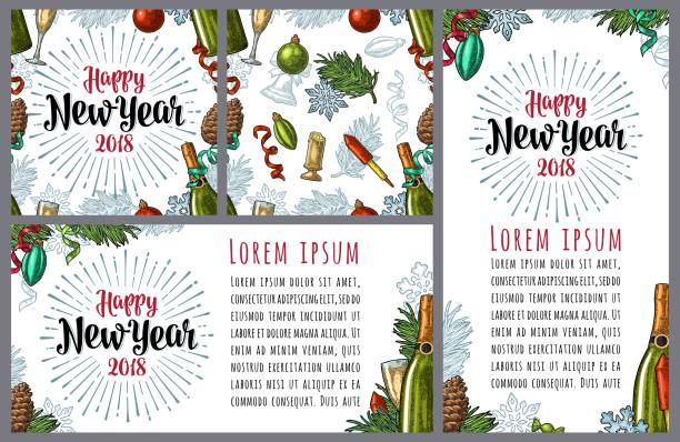 bezszwowy wzór i plakaty z napisem szczęśliwego nowego roku 2018 - swirl christmas champagne coloured holiday backgrounds stock illustrations