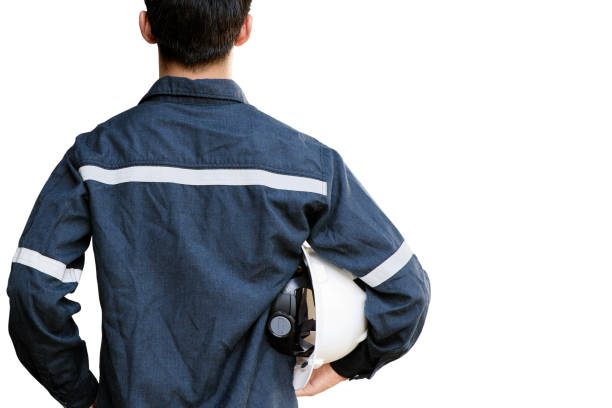 Asian man,Engineer or Technician in white helmet, glasses and blue working shirt suit holding safety helmet, isolated on white, mechanic and Oil and Gas industrial concept with clipping path.