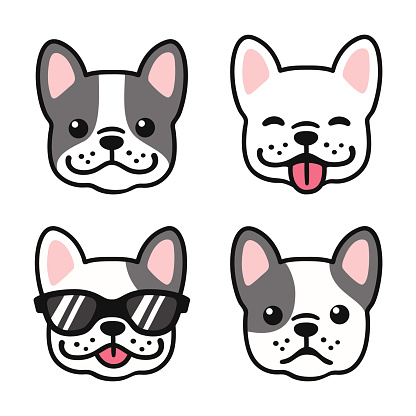 French Bulldog hand drawn cartoon face set. Cute Frenchie puppy drawing, vector illustration.