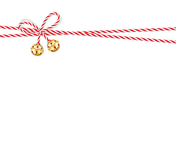 czerwona kokarda z dzwonami jingle, obecny łuk z czerwono-białego sznurka - dzwon ilustracje stock illustrations