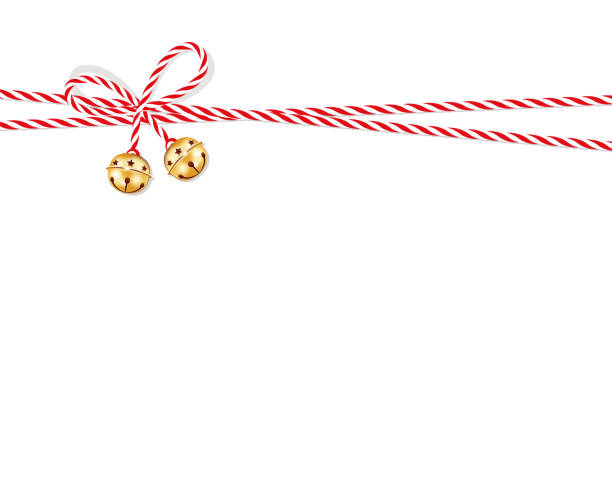 ilustrações de stock, clip art, desenhos animados e ícones de red bow with jingle bells, present bow from red-white cord string - gift gold box white