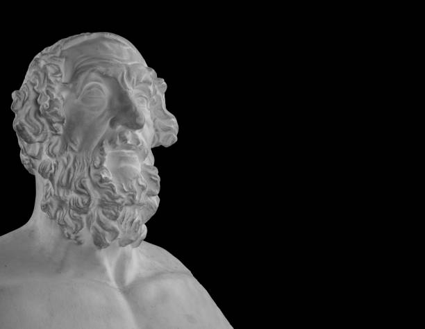 White plaster statue of the bust of the philosopher Homer.