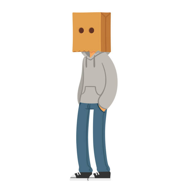 Character with paper bag hat on his head Cartoon teenager wearing paper bag hat on his head. Anonymous character vector illustration. embarrassed stock illustrations