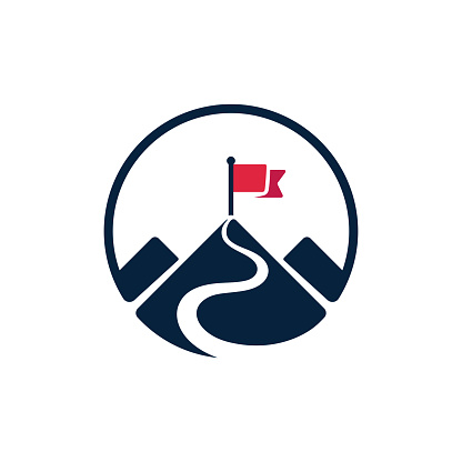 Red flag on mountain top, simple vector illustration. Path to achieving goals, success concept. Isolated icon symbol.