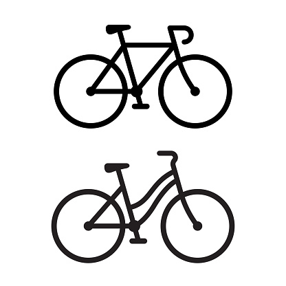 Two bike silhouette icons. Sporty road bicycle and casual city cruiser, male and female types. Simple vector illustration.