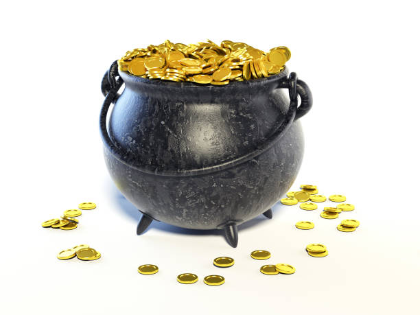 istock Iron pot full of golden coins - Patrick Day cauldron 3d rendering 870982504