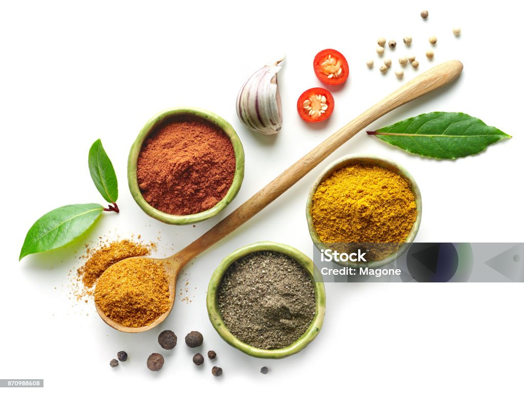 Various spices isolated on white background Various spices isolated on white background, top view Spice Stock Photo