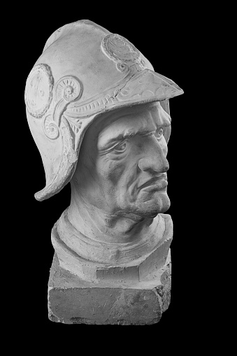 White plaster bust, sculptural portrait of warrior in armor and helmet Bartolomeo Colleoni