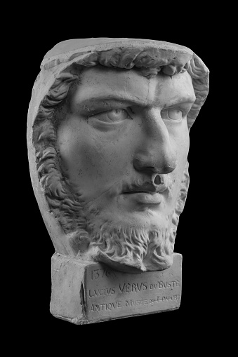 White plaster bust, sculptural portrait of Lucius Verus