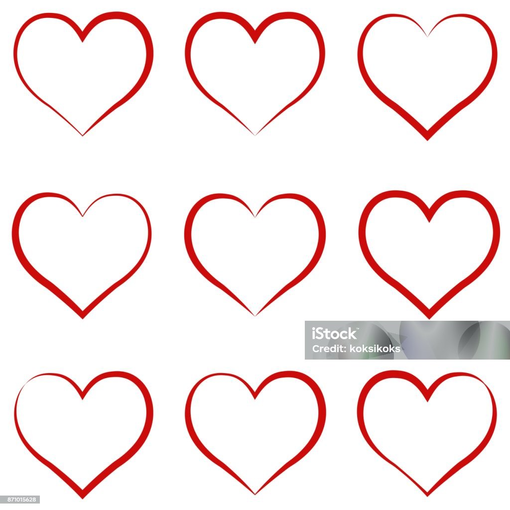 Herz Kontur rot, Satz, Symbol der Freundschaft und Intimität der Valentinstag Liebe Vektor Kalligraphie Hand zeichnen Herzen, Konzept der Liebe - Lizenzfrei Herzform Vektorgrafik