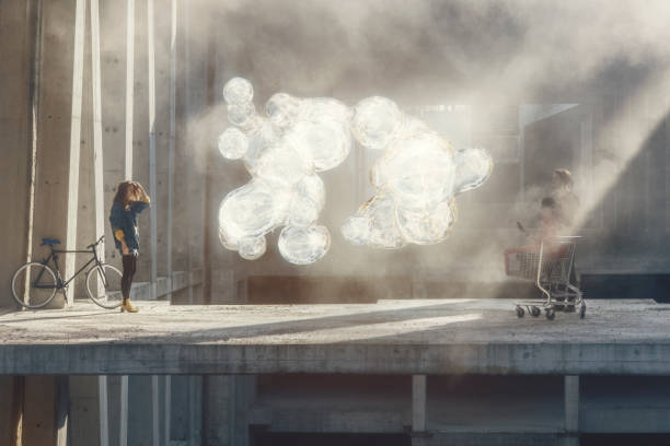 Group of young people against strange alien blob