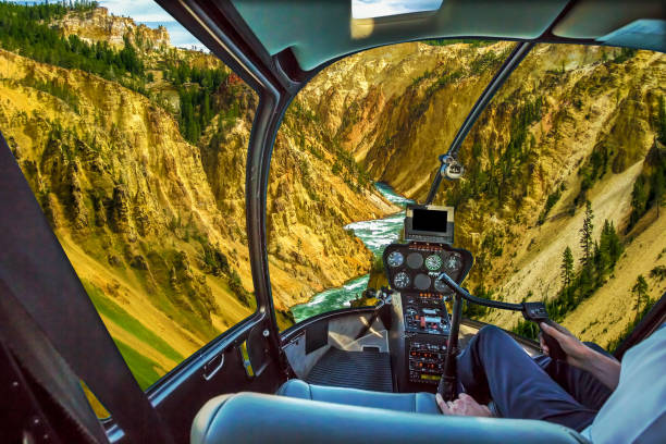 yellowstone lower falls helicopter - yellowstone national park wyoming american culture landscape imagens e fotografias de stock