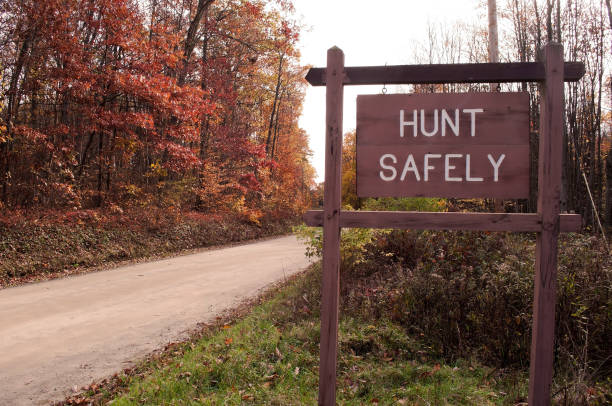 A "hunt safely" sign on the side of the road in the woods stock photo