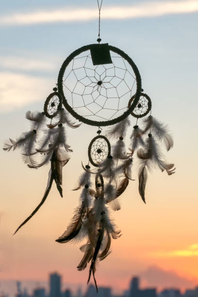 istock Dream catcher with city view and sunset on the background 871024584