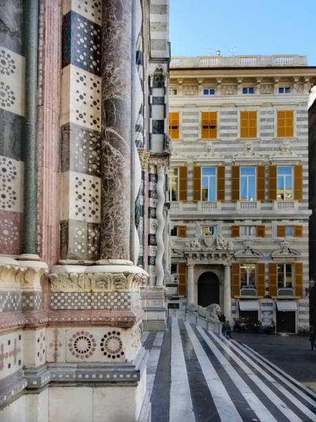 A view alongside the medieval Cathedral of San Lorenzo in Genoa, Italy