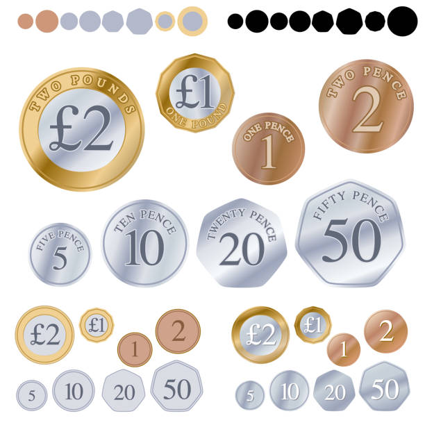 ilustraciones, imágenes clip art, dibujos animados e iconos de stock de conjunto de monedas británicos - two pound coin
