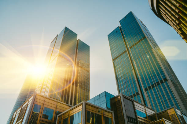 istock Up View in Financial District under Sun Flare, Shanghai, China 871034036