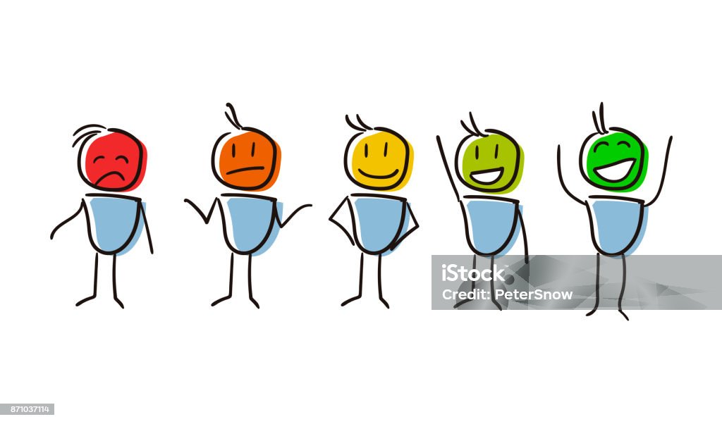 Set of characters conceptualizing Survey Assessment Analysis Feedback Appraisal with different feelings and colors. Vector file eps10 Child stock vector