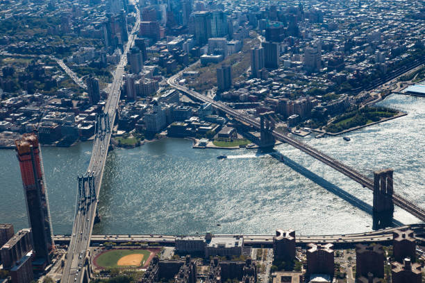 Manhattan and Brooklyn bridges aerial stock photo