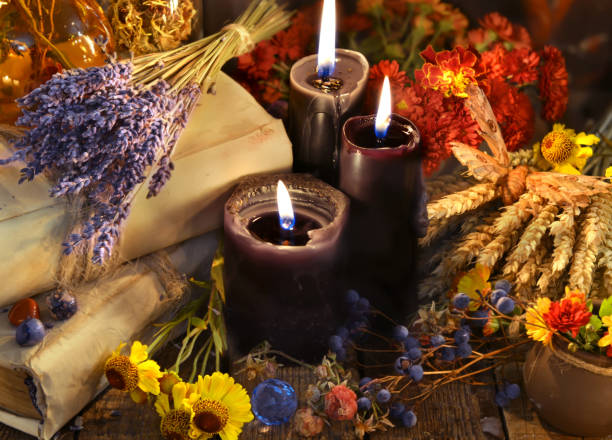 istock Lavender bunch, healing herbs, flowers, berries and black candles 871037920
