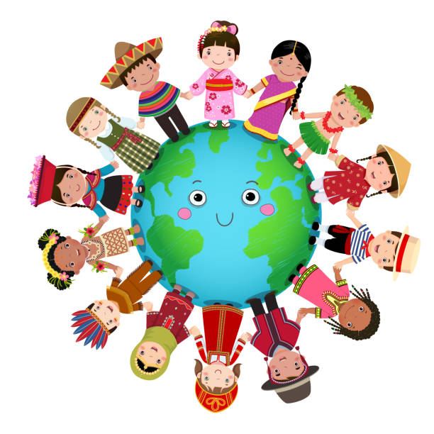 Multicultural children holding hand around the world vector art illustration