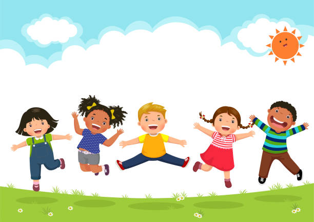 ilustrações de stock, clip art, desenhos animados e ícones de happy kids jumping together during a sunny day - kindergarden