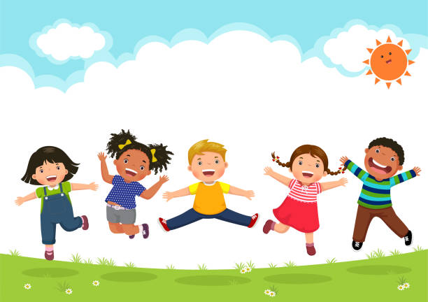 no homework clipart счастливые дети прыгают вместе в солнечный день - no homework clip art stock illustrations