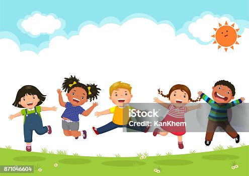 istock Happy kids jumping together during a sunny day 871046604