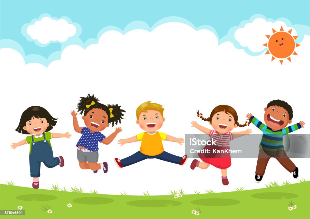 Happy kids jumping together during a sunny day Child stock vector