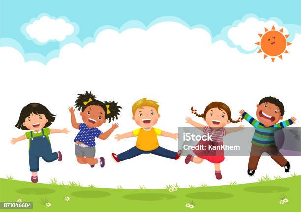 Happy Kids Jumping Together During A Sunny Day Stock Illustration - Download Image Now - Child, Playful, Backgrounds