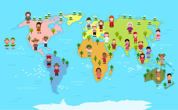 World map and kids of various nationalities vector art illustration