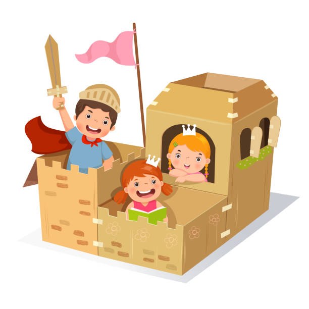 Creative kids playing castle made of cardboard box Creative kids playing castle made of cardboard box cardboard house stock illustrations